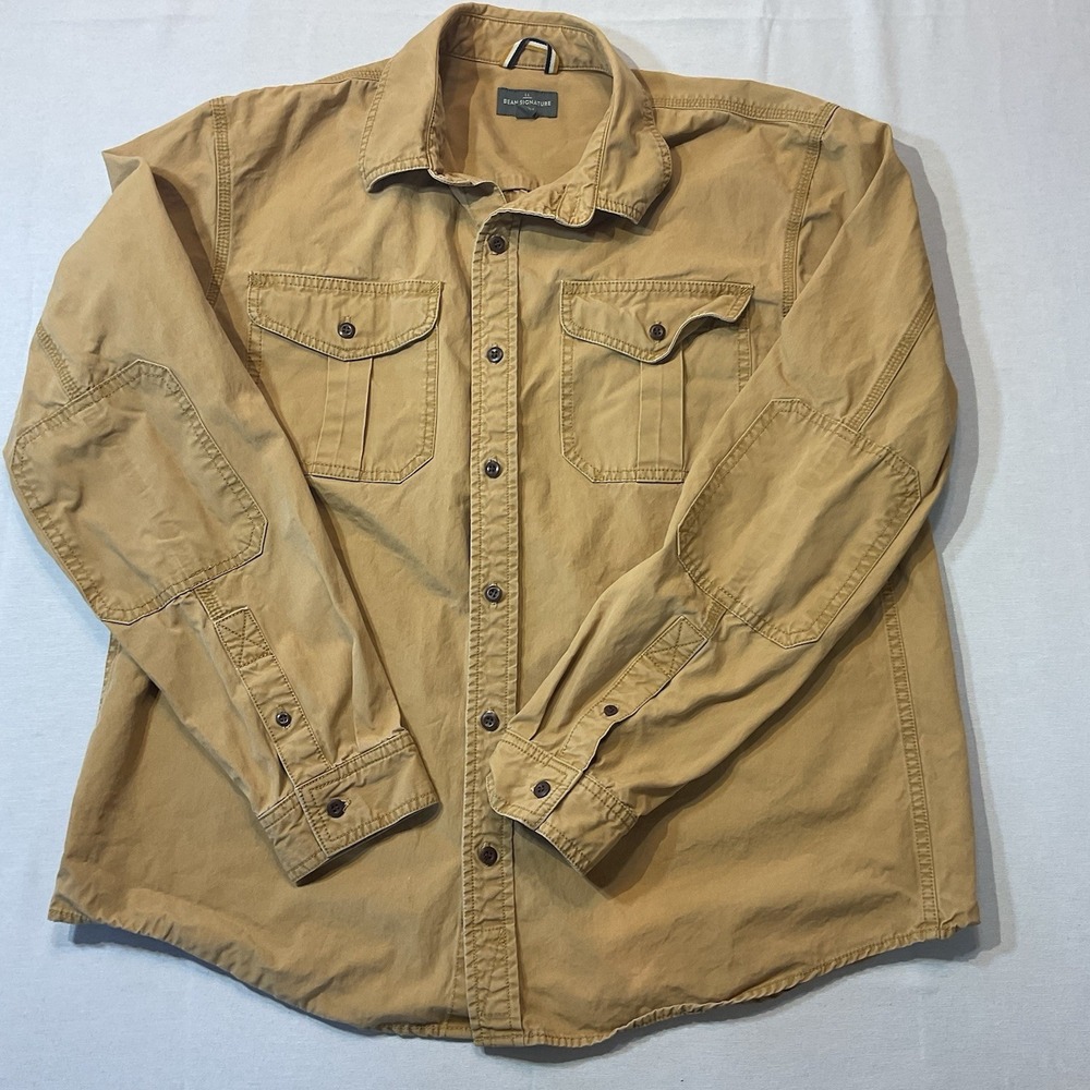 LL Bean Signature Long Sleeve Camel‎ Button Up Slim Fit Size L Enforced Elbows